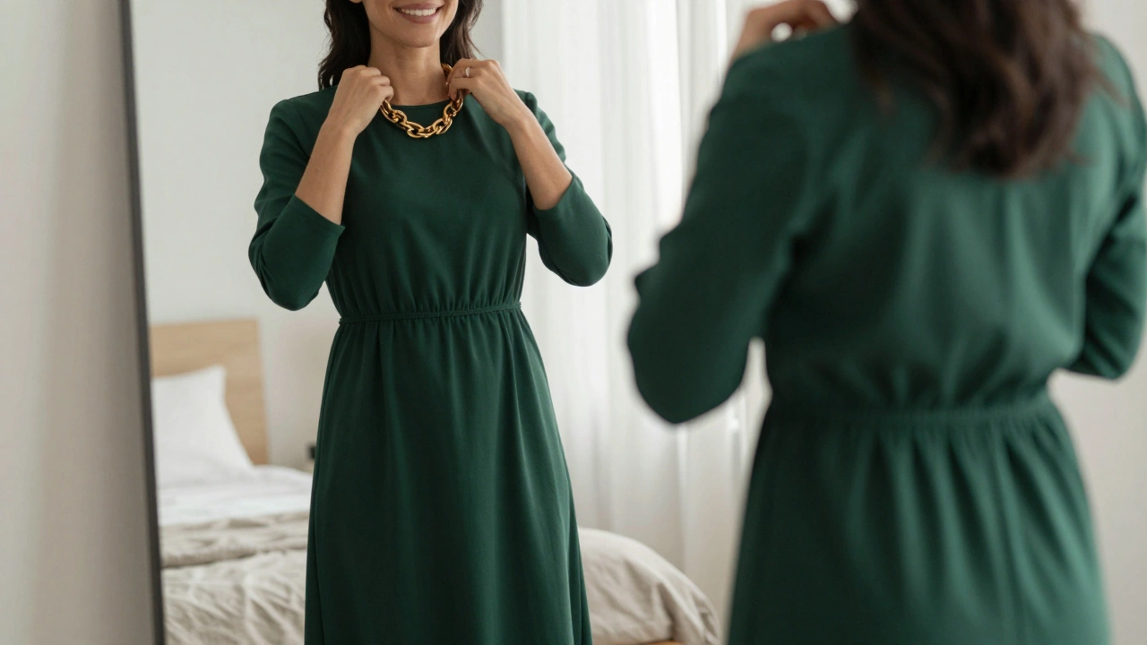 Woman in a forest green empire waist dress adjusting a gold necklace in a sunlit room.