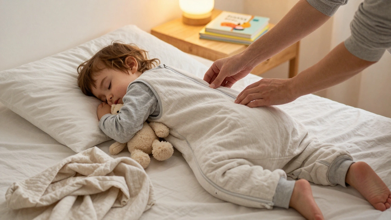 A parent adjusting a sleep sack on a toddler in a bed, with a stuffed animal and thin blanket nearby.