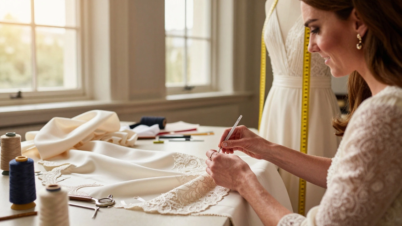 A royal dressmaker’s hands sewing a custom gown with silk fabric and measuring tape showing 32-24-34 inch measurements.