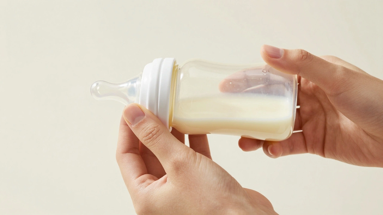 Adult hands holding bottle horizontally to demonstrate paced feeding technique