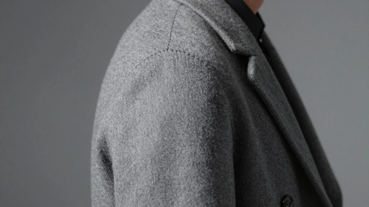 Close-up view of a coat shoulder seam aligned perfectly.
