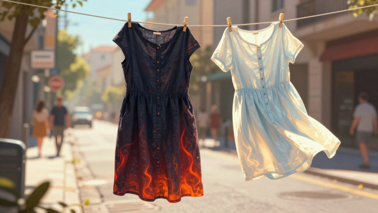 Dark navy dress versus pale blue dress on a clothesline under hot sun, thermal energy visually contrasted.