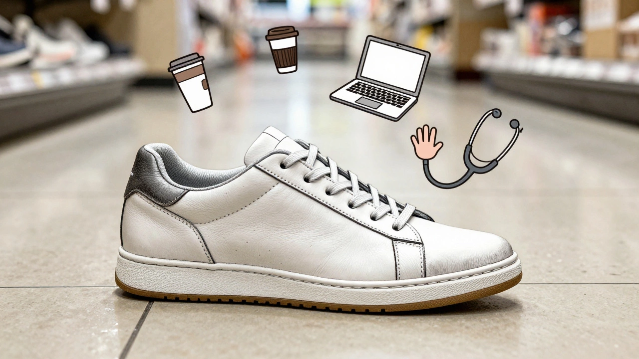 Leather sneaker stepping from wet floor to office tile with daily life icons around it.