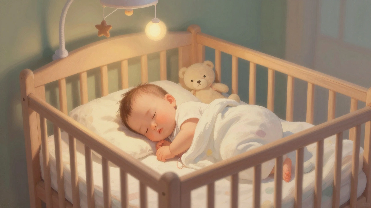 Peaceful sleeping baby in crib surrounded by soft nursery textiles