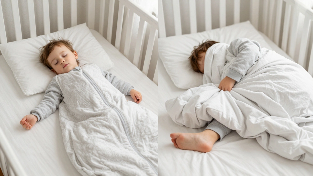 Side-by-side comparison: a toddler sleeping safely in a sleep sack versus struggling under a loose blanket.