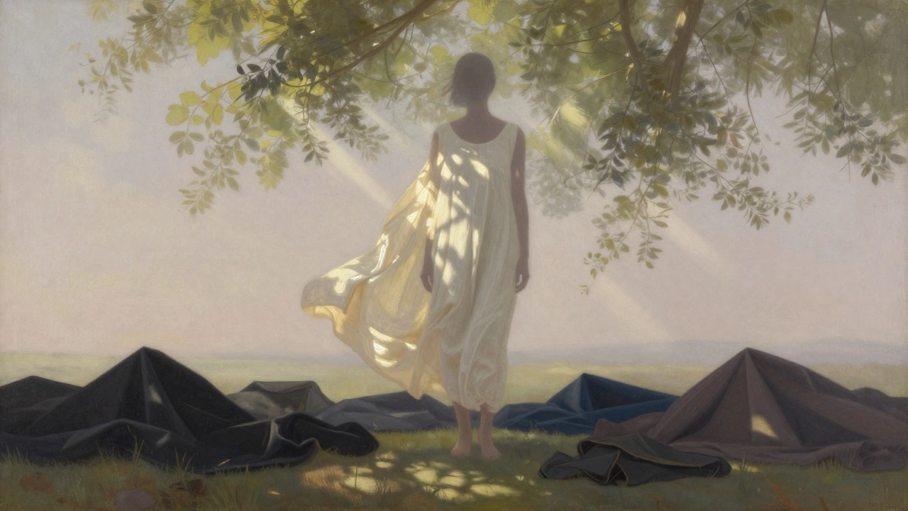 Silhouette in cream linen dress under dappled sunlight, dark fabrics abandoned at her feet.