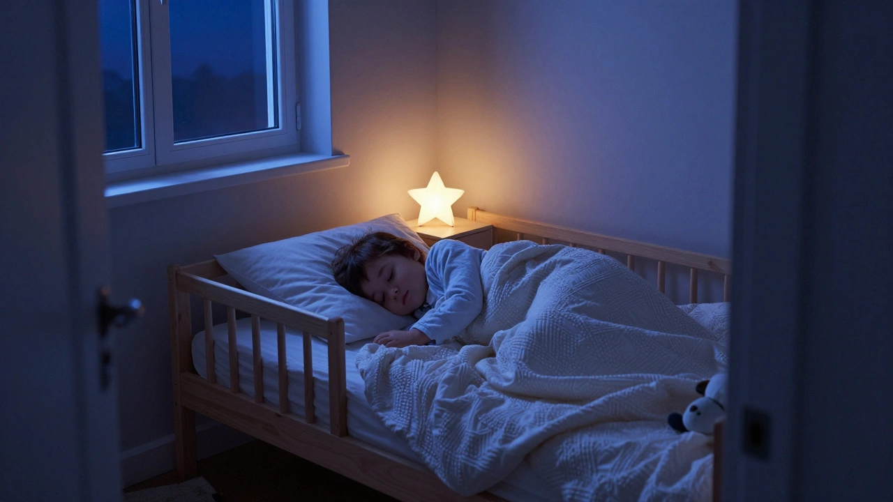 Sleeping child in bed with soft nightlight glowing nearby.