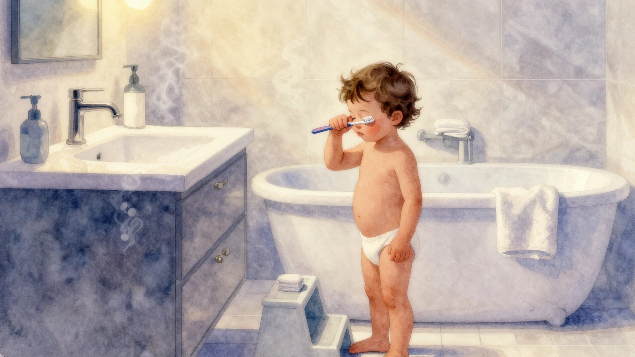 Toddler rubbing eye in dimly lit bathroom preparing for bed.