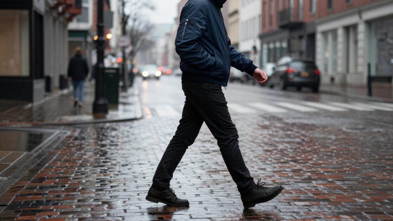 Walker in fitted jacket moving through a rainy city street.