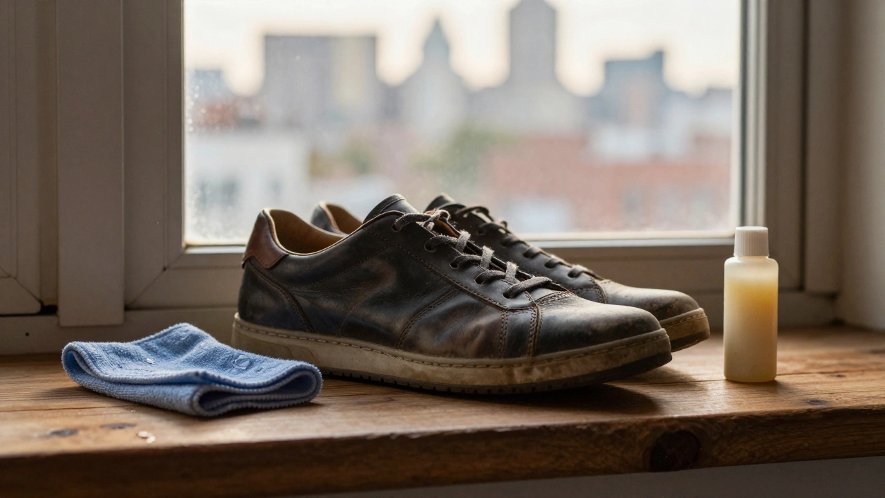 Well-worn leather sneaker on windowsill with conditioner and cloth at dawn.
