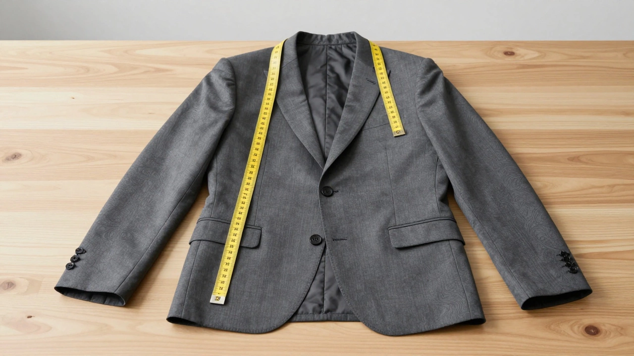 A tailor's tape measuring the shoulder width of a charcoal suit on a table