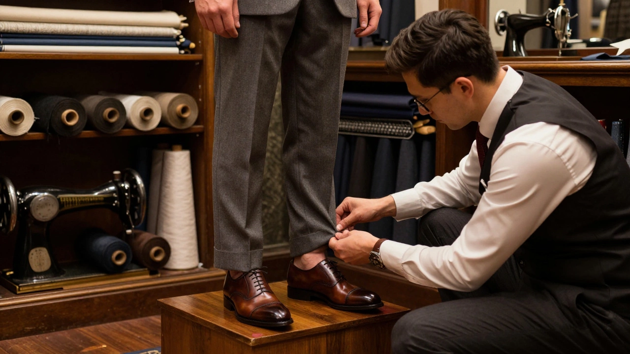 A tailor pinning the trousers of a man wearing a grey suit in a shop