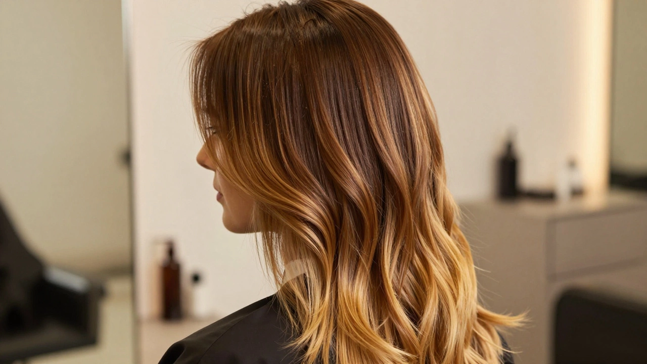 Close-up of chestnut brown hair with golden balayage highlights for a natural look
