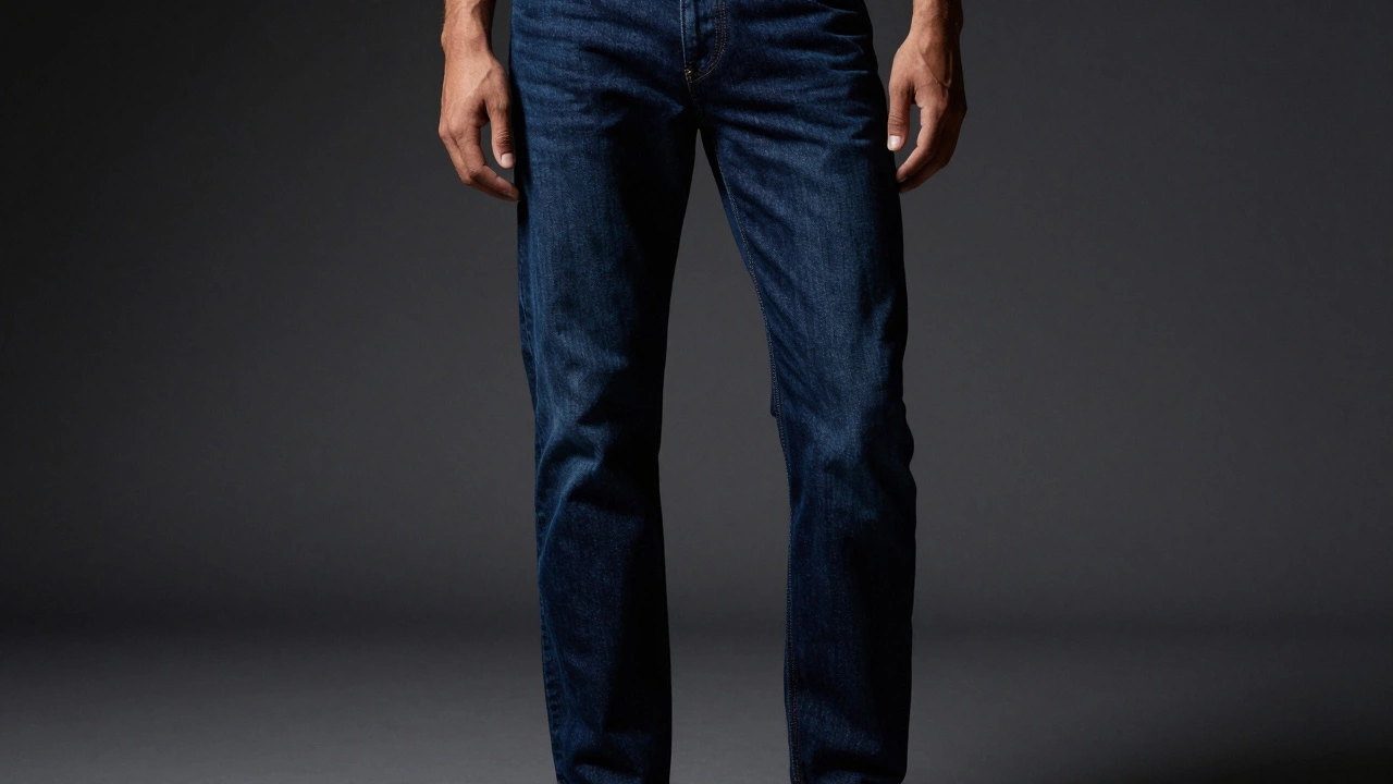 Close-up of deep indigo raw denim jeans in a relaxed straight-leg cut
