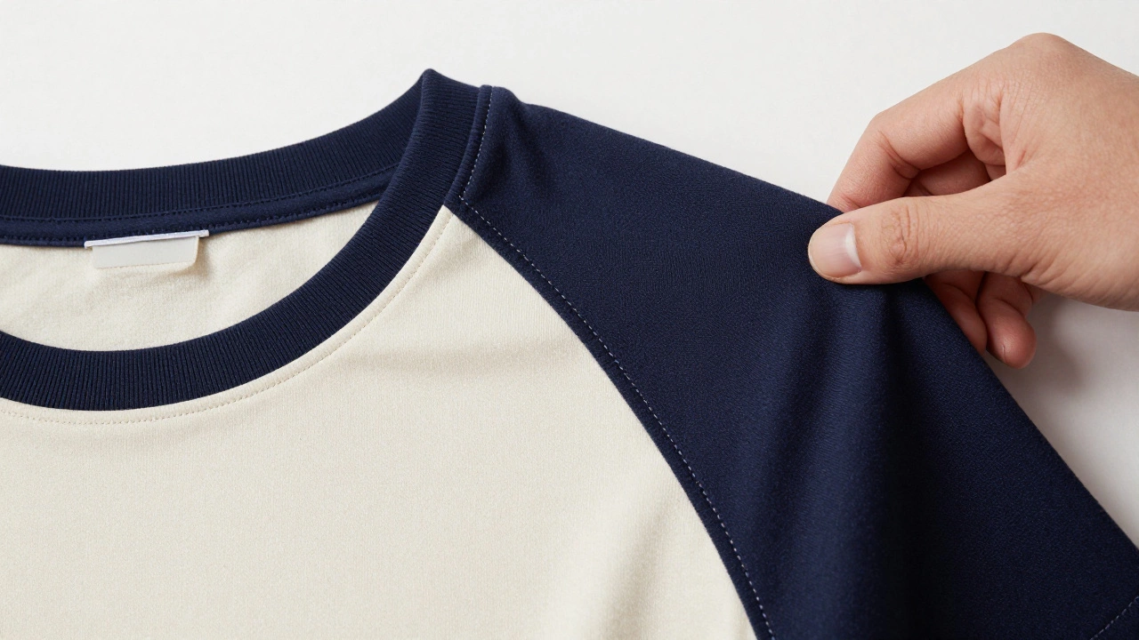 Close-up of high-quality reinforced stitching and a ribbed collar on a navy t-shirt