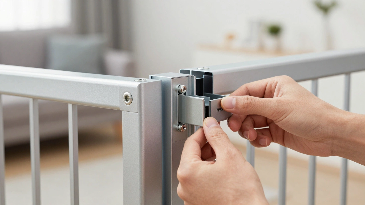 Close-up of the modular extension and locking mechanism of a safety gate