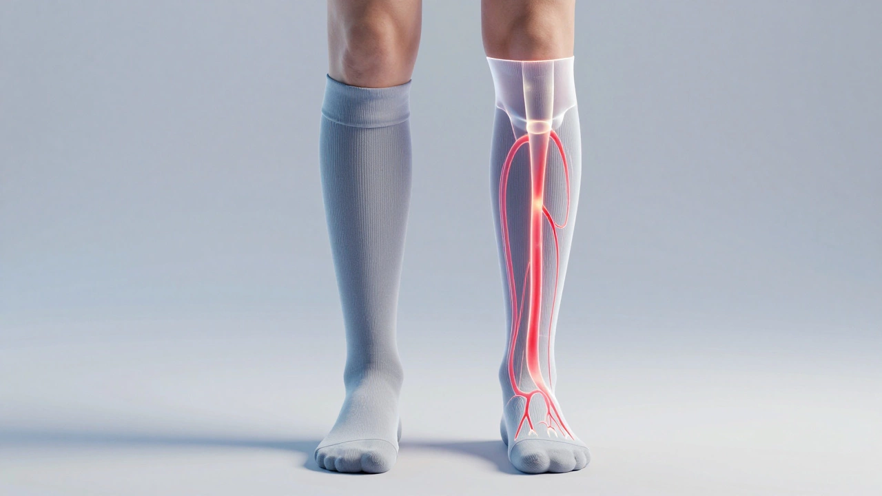 Compression socks with a conceptual overlay of blood flow