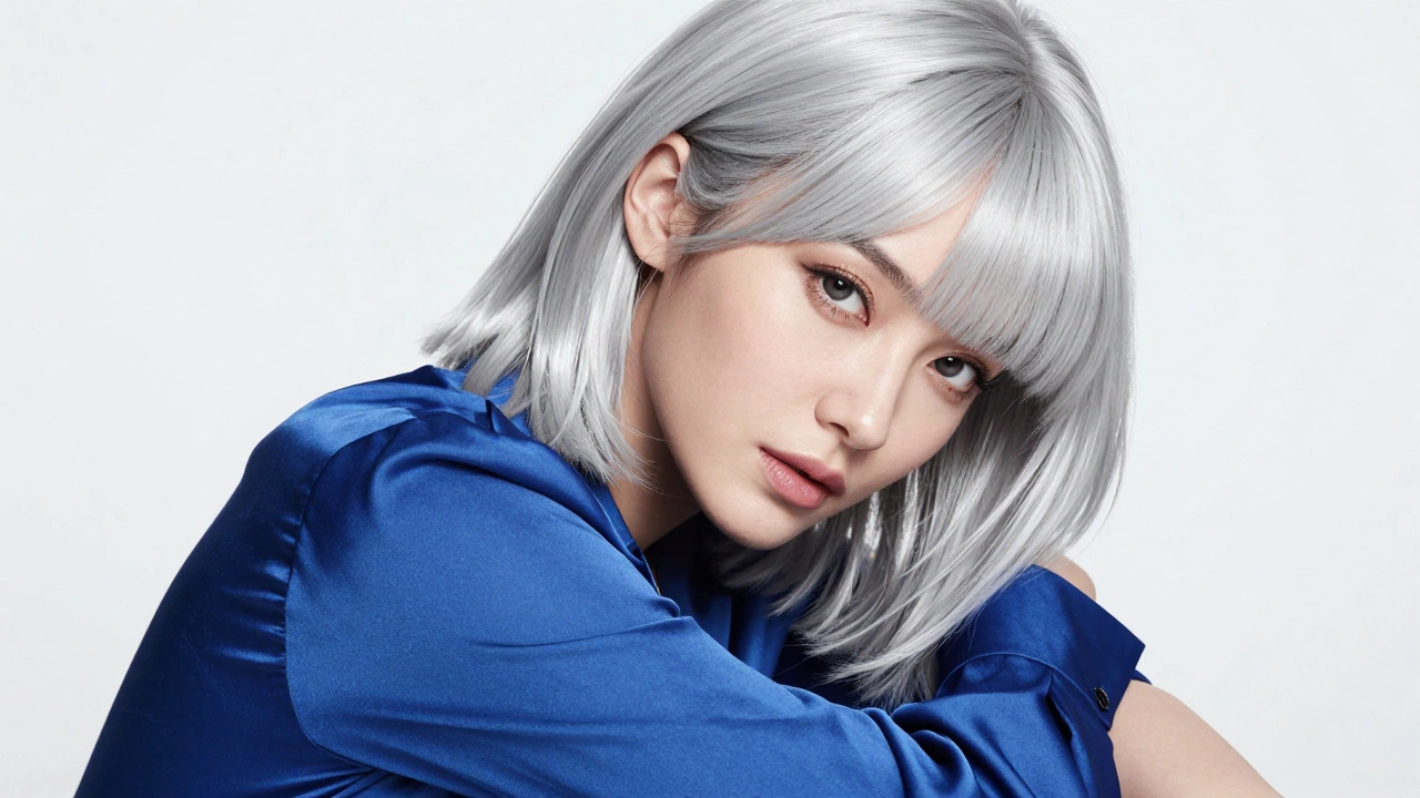 Confident woman with polished silver-white hair wearing a royal blue blouse
