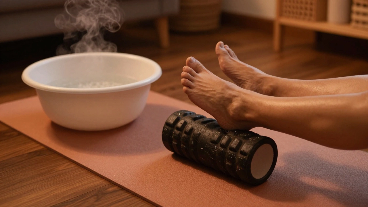 Feet using a foam roller next to an Epsom salt soak for recovery