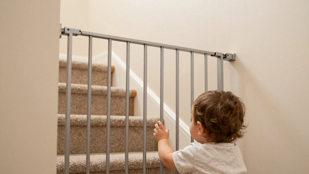 Hardware-mounted safety gate securing the top of a staircase with a toddler nearby