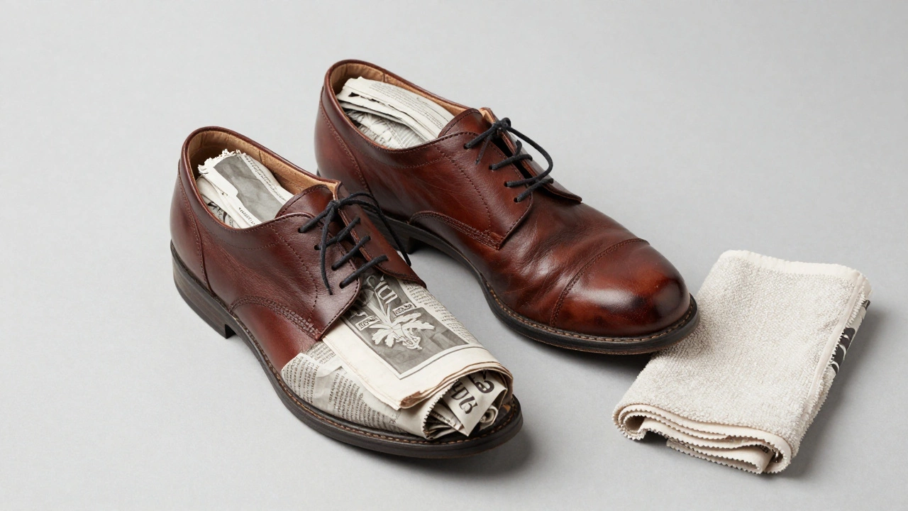 Leather shoes stuffed with newspaper and removed insoles for drying