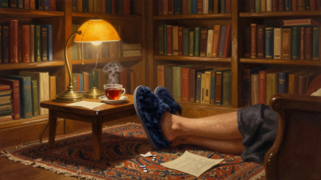 Person wearing oversized plush navy slippers in a cozy, dimly lit home library