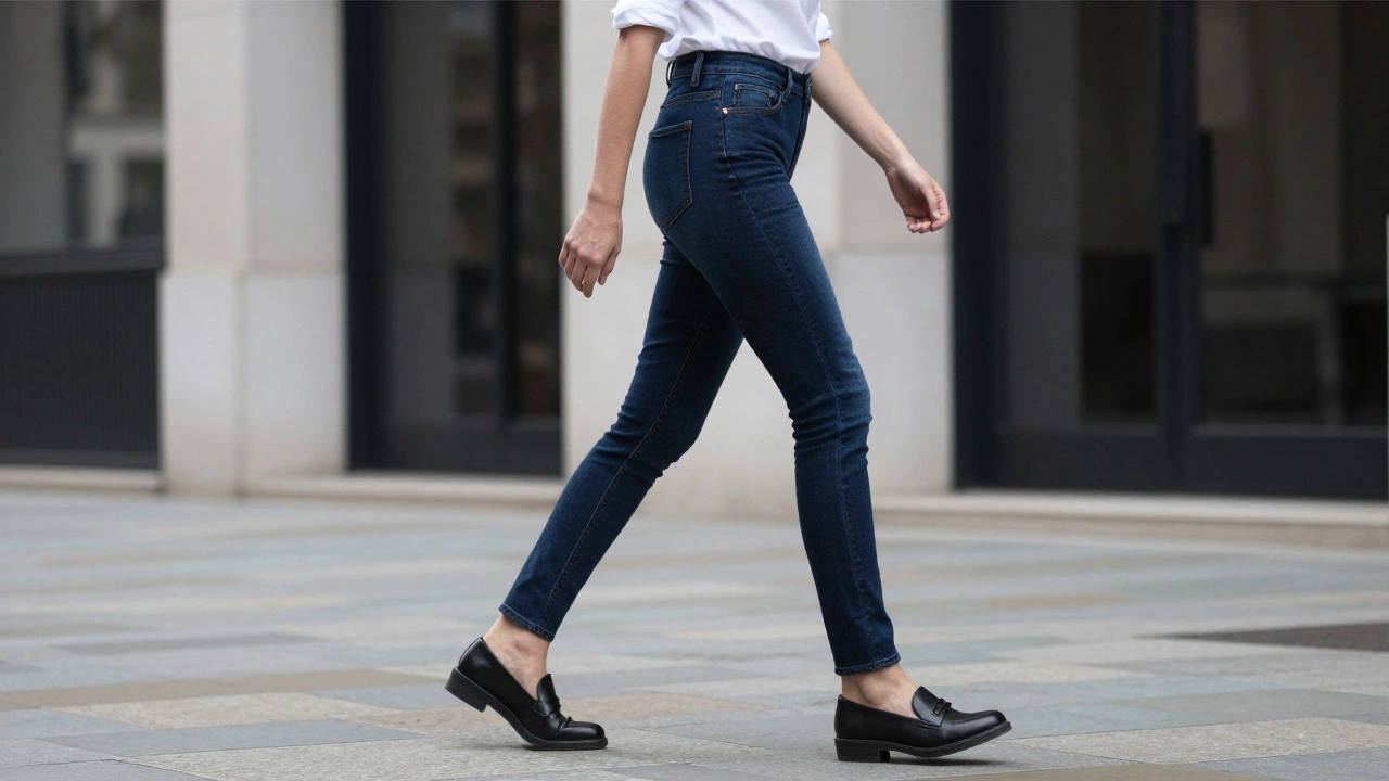 Person wearing well-fitted dark wash Guess jeans walking on a city street