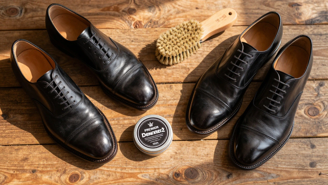 Polished black leather shoes with conditioner and a cedar shoe tree
