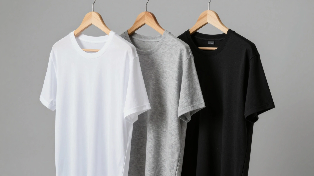Three t-shirts showing different fabric weights from lightweight to heavyweight