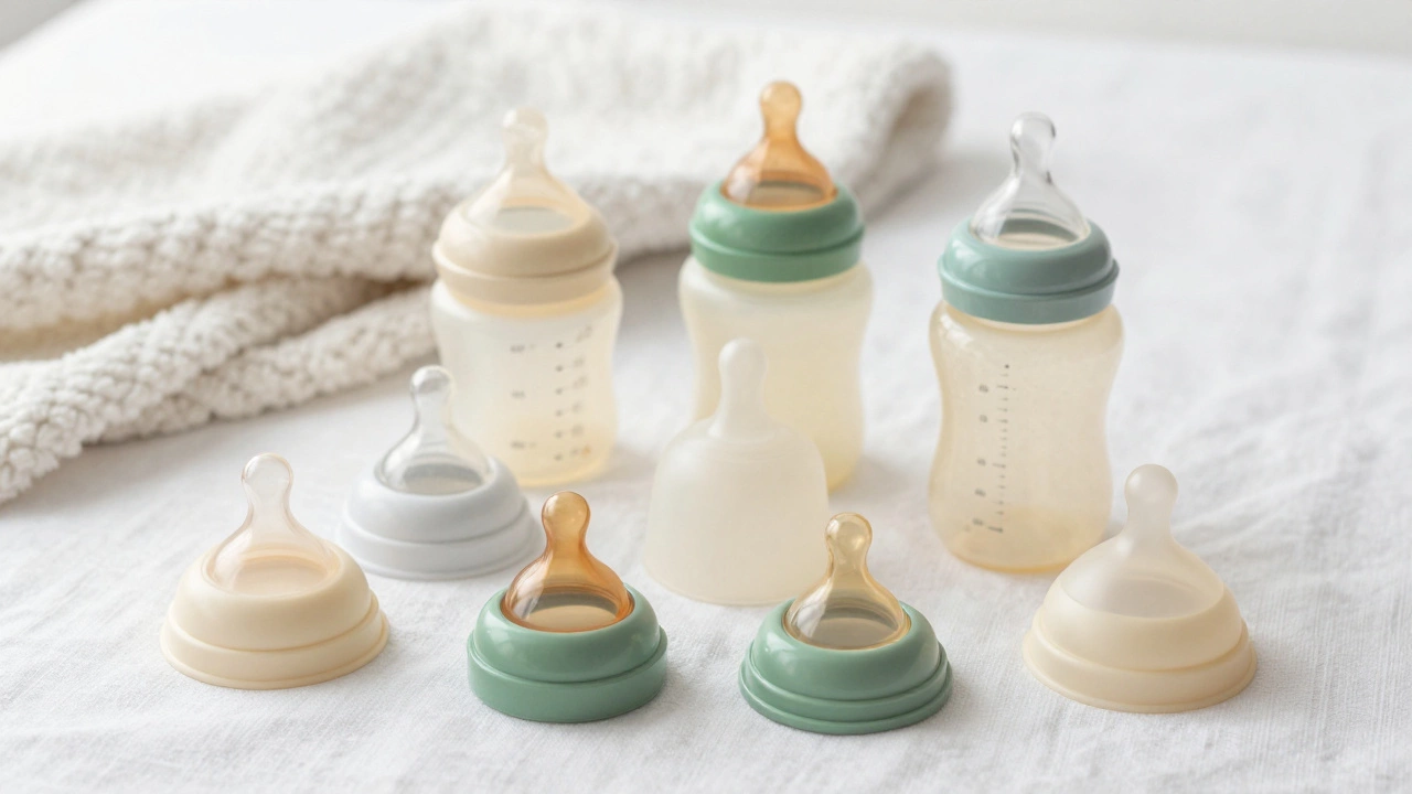 Various types of silicone baby bottle nipples arranged on a white linen surface