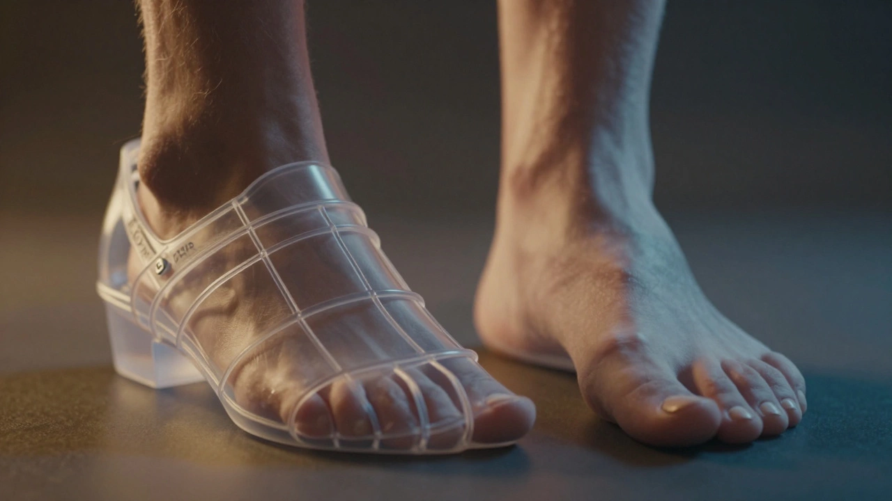 Abstract visualization contrasting shoe support structures with barefoot freedom.