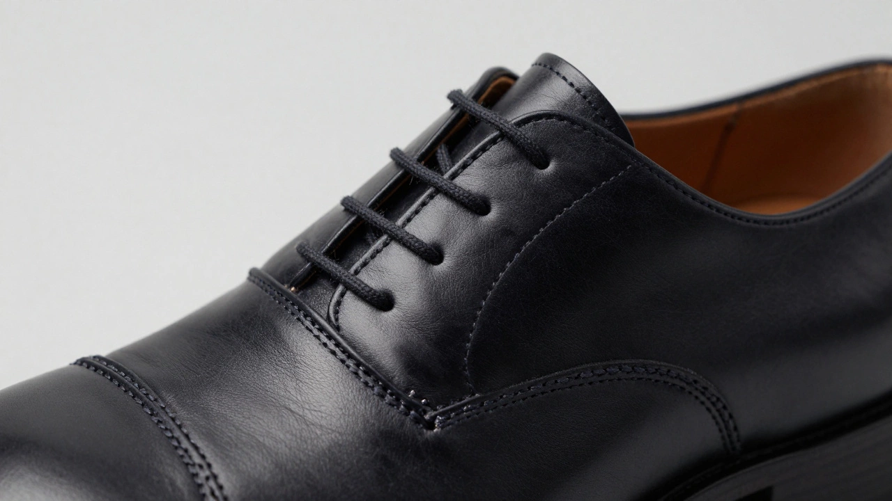 Close-up of black leather shoe sole highlighting Goodyear welt stitching detail