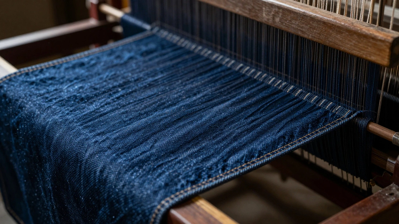 Close-up of indigo selvedge denim weaving on a loom