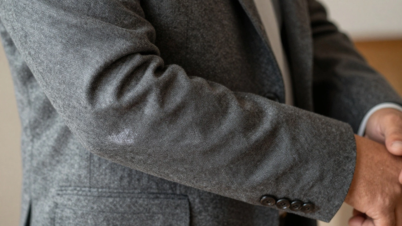 Close-up of shiny, worn elbows on a grey wool suit jacket
