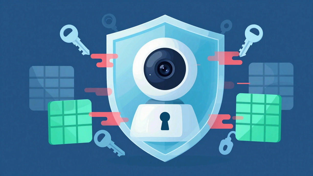 Conceptual art showing a baby monitor protected by a digital security shield against hackers.