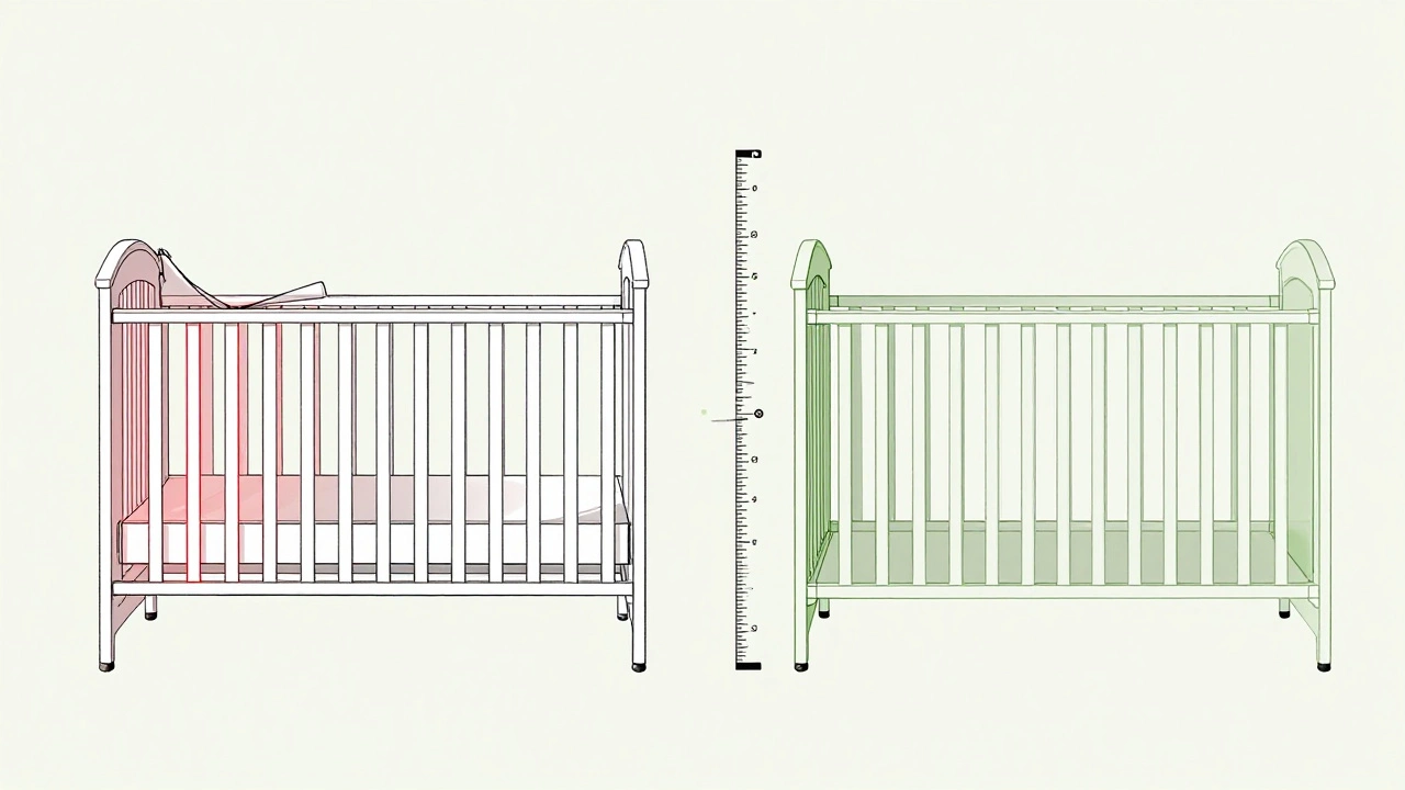 Diagram showing unsafe wide slats vs safe modern crib spacing