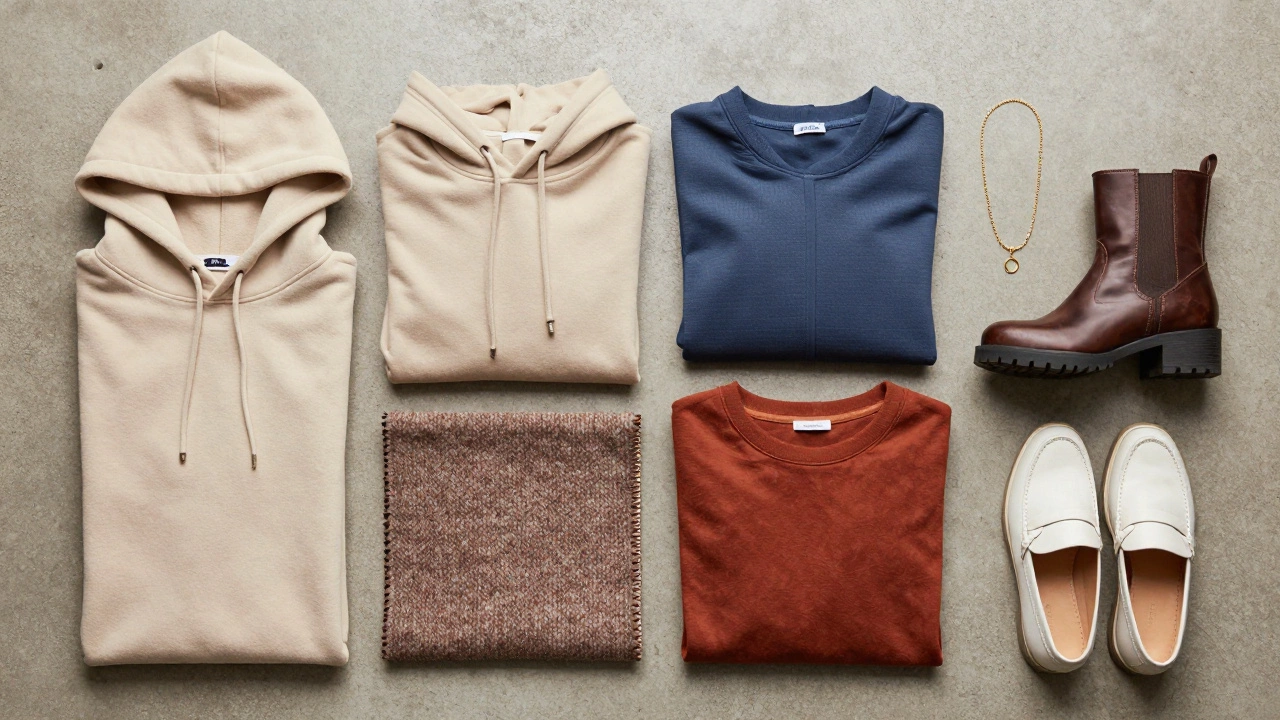 Flat lay of hoodie fabrics and fashion accessories