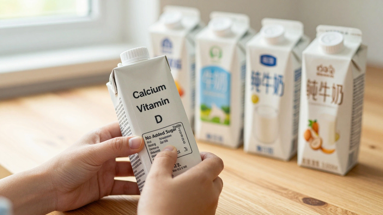 Hand checking fortified almond milk label on counter