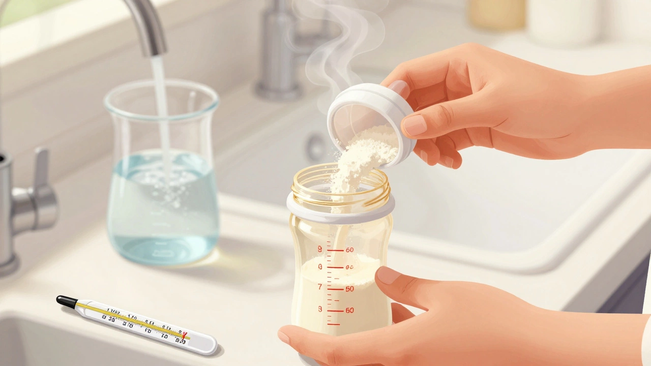 Hands preparing baby formula with precise measurement and hygiene