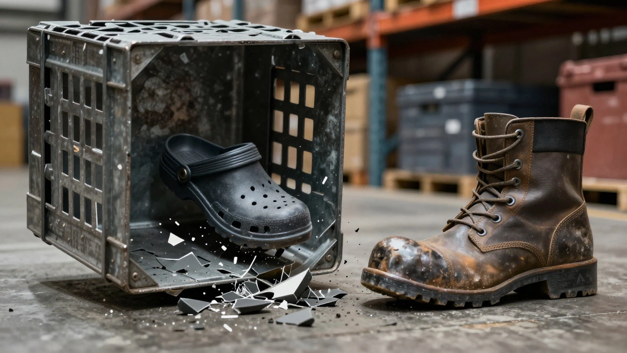 Heavy object crushing plastic shoe vs steel toe boot illustrating workplace safety hazards