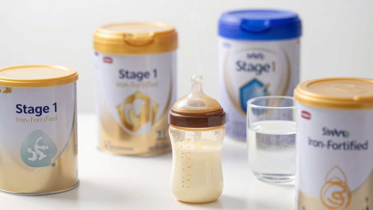 Infant formula tins and bottles arranged on clean white surface