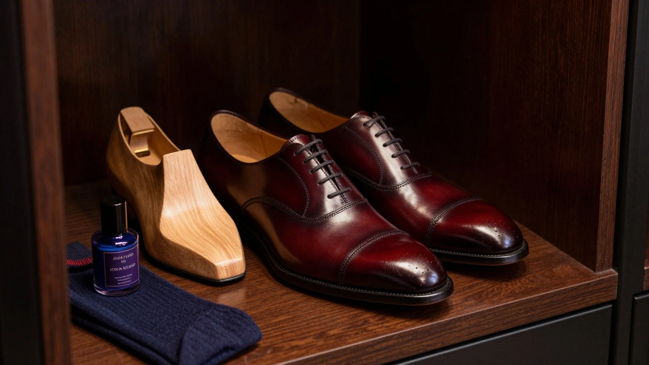 Luxurious burgundy leather dress shoes with cedar shoe trees in a refined setting