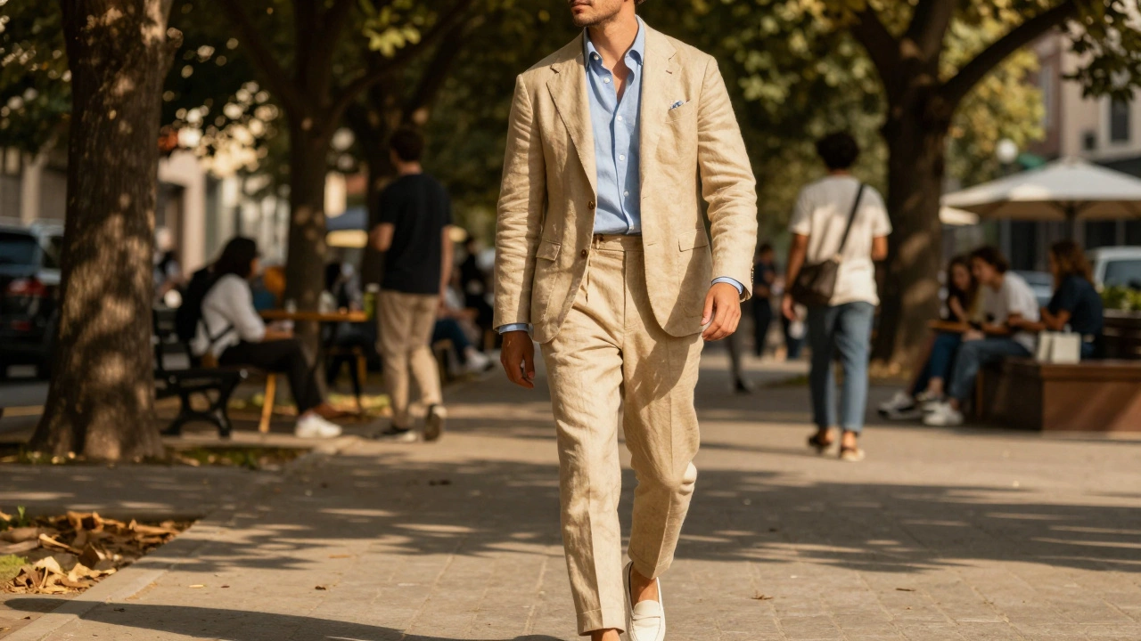 Man in tan linen suit walking in a sunny park