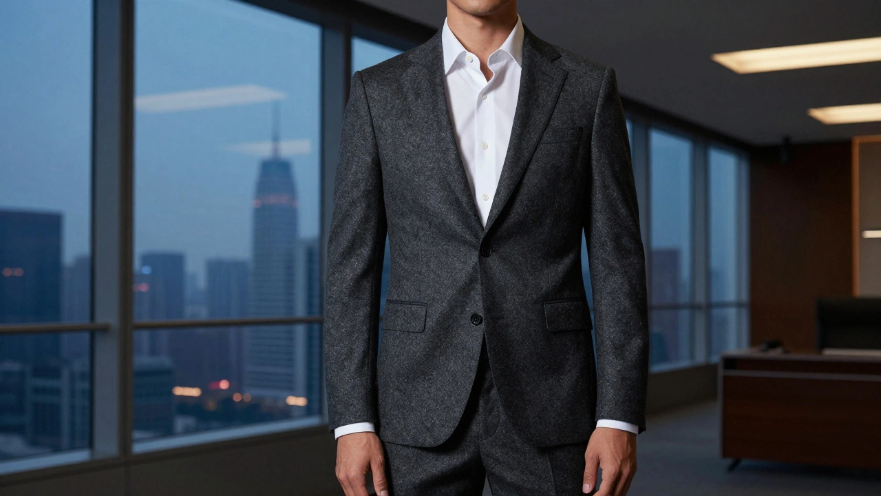 Man in textured charcoal gray suit in a corporate office
