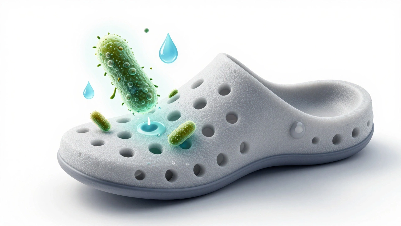 Microscopic view of bacteria and fungi trapped inside perforated foam footwear