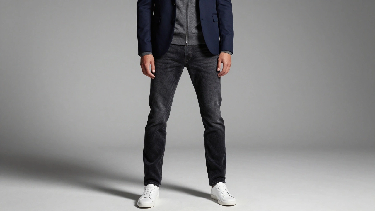 Model wearing a zip-up hoodie layered under a tailored blazer