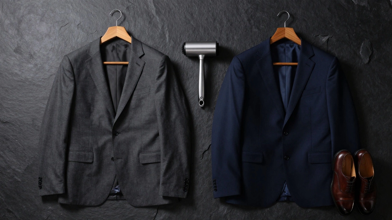 Navy and charcoal suits with care tools on a dark surface