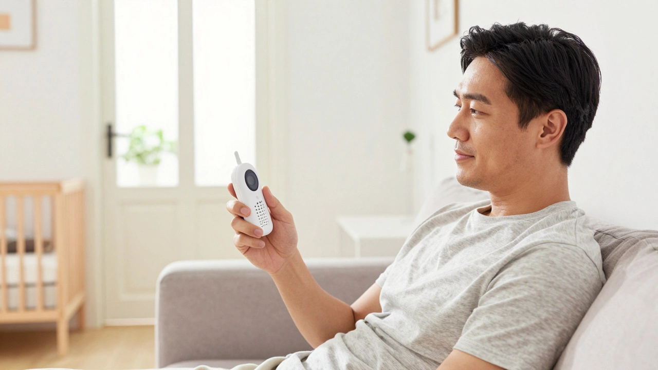 Parent holding a simple audio baby monitor in a sunny living room, looking relaxed.