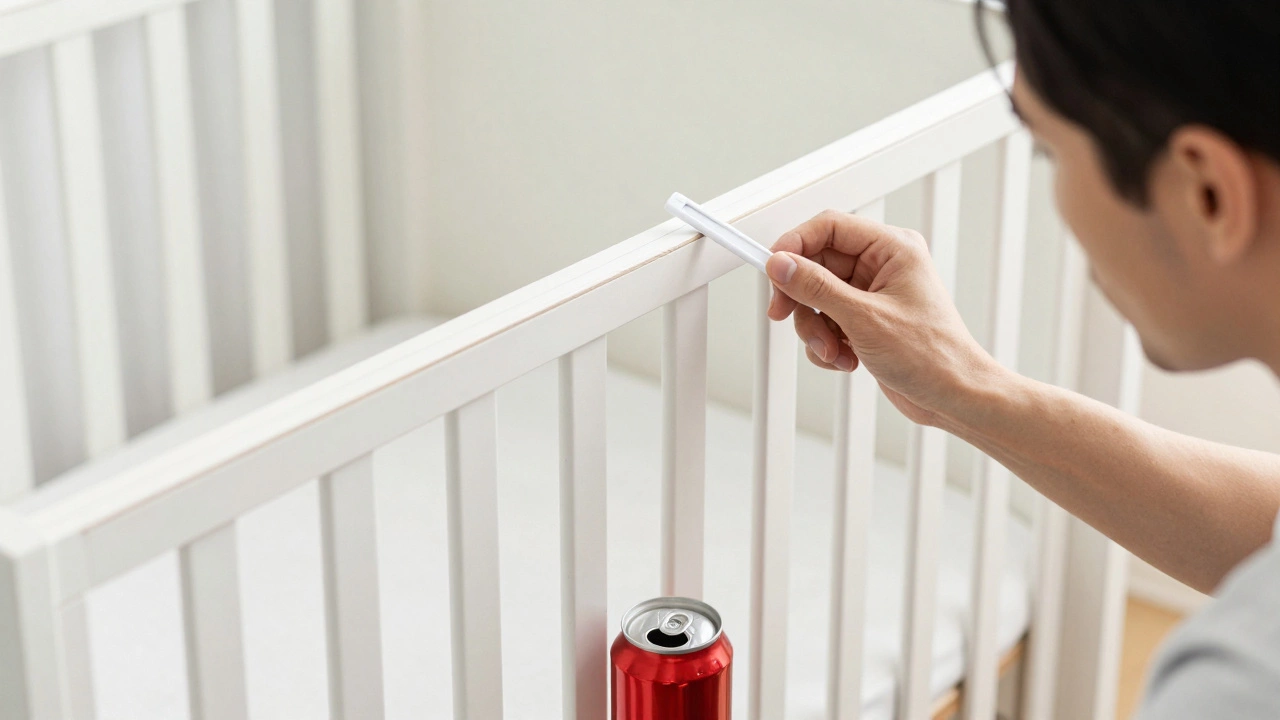 Parent testing old crib for lead and checking slat width