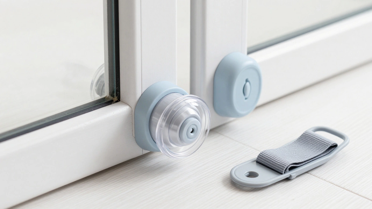 Sleek door knob covers and magnetic locks displayed as stylish baby safety alternatives.